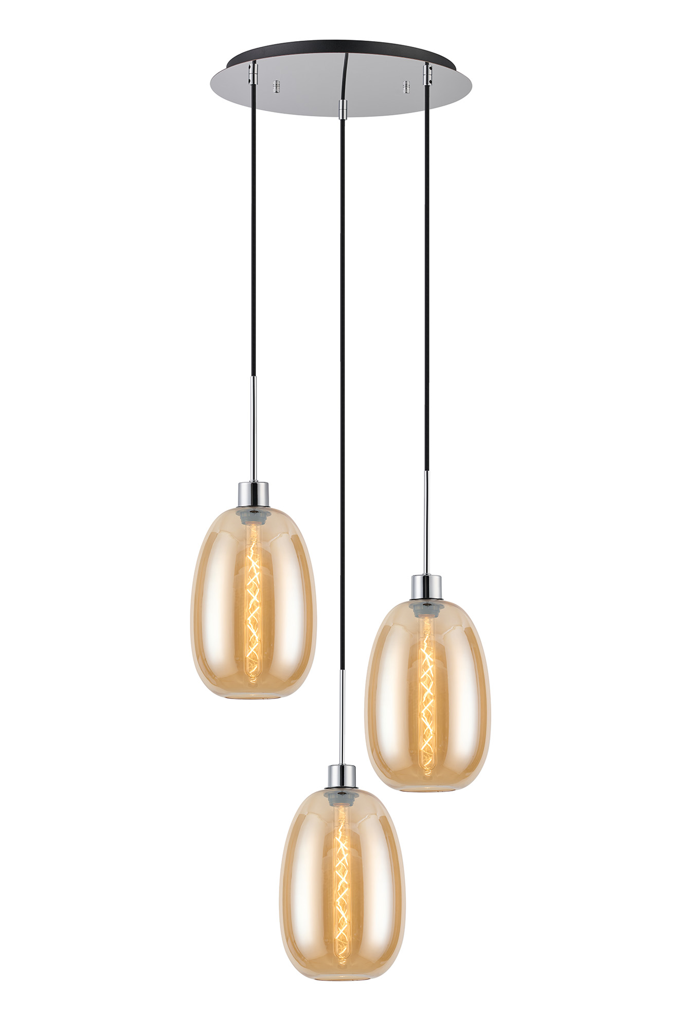 DK1267  Lori 40cm Round Pendant, 3 Light Adjustable E27, Polished Chrome/Amber Slim Curved Trapezium Shades
